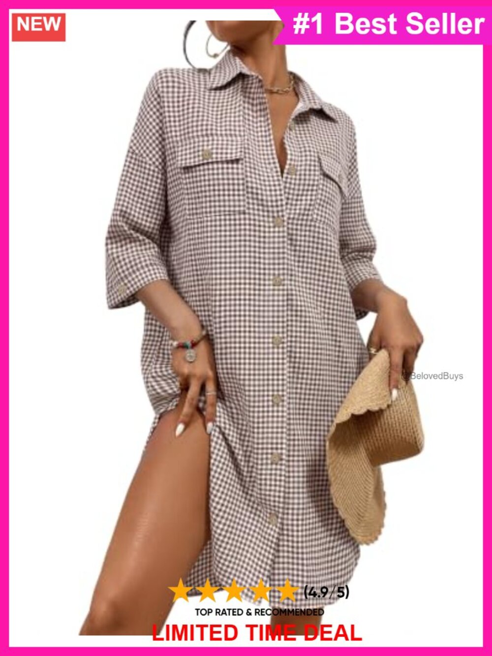 Womens Button Down Swimsuit Cover Up Blouse 3/4 Sleeve Beach Shirt Dress